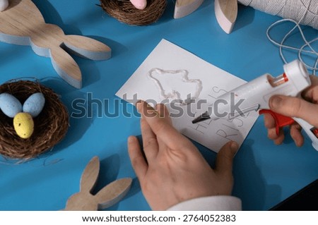 Drawing Easter angel CHRIST IS RISEN words Storytelling of creating craft Easter greeting card holiday present. Tactile hand-on activity. Master class progress of creative me-made gifts. Seasonal
