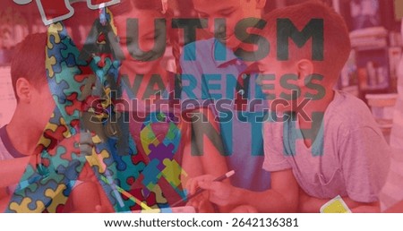 Drawing five students using markers and paper at library table, with Autism Awareness Month overlay. Classmates, collaboration, education, creativity, diversity, learning, teamwork