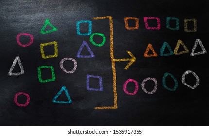 drawing geometry to categorize on chalkboard,  categorizing geometry concept with colorful chalk - Shutterstock ID 1535917355