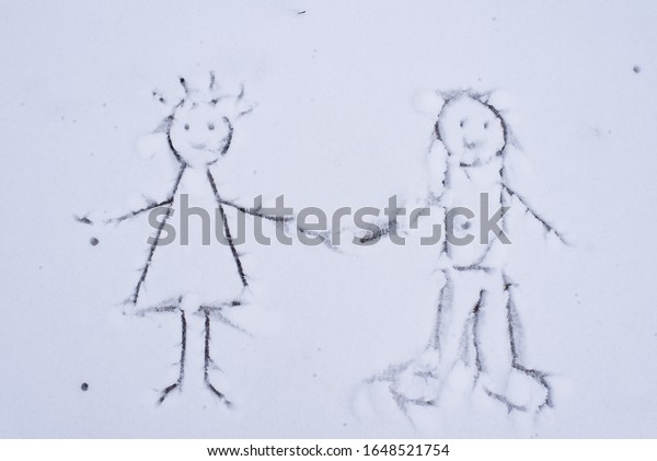 Drawing Girl Boy On Snow Friendship Stock Photo Edit Now