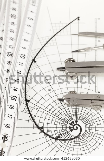 drawing of the golden section, folding ruler\
& compasses