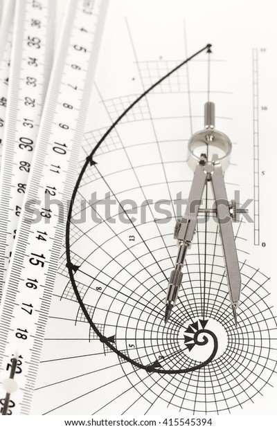 drawing of the golden section, folding ruler\
& compass