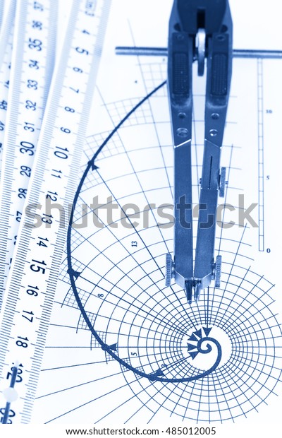 drawing of the golden section, folding ruler\
& compasses