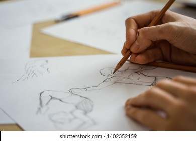 Drawing The Human Figure With A Pencil. Sketching