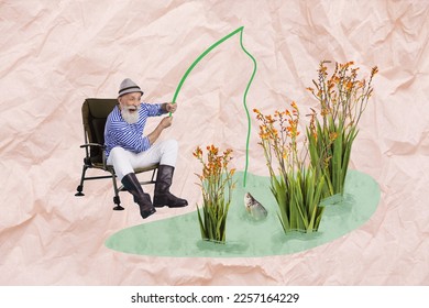 Drawing image collage graphics of funny pensioner man have fun fishing catch salmon from lake on rural weekend - Powered by Shutterstock