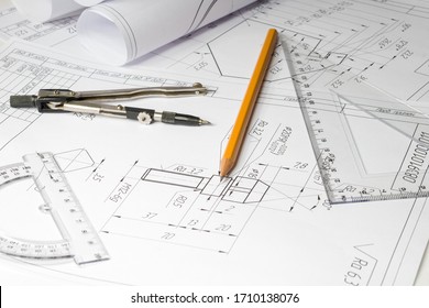 Drawing Of A Part On A Table, Compasses, Protractor, Ruler Pencil