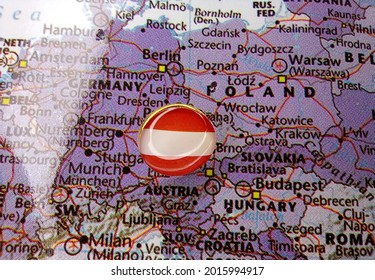 Drawing Pin Flag Of Austria On The Map