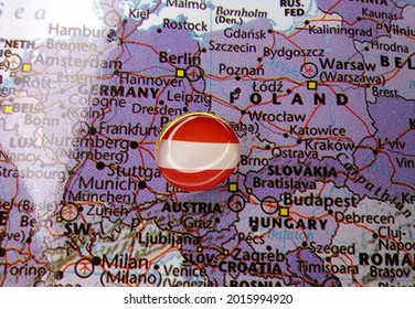 Drawing Pin Flag Of Austria On The Map