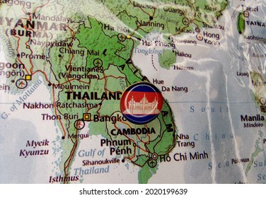 Drawing Pin Flag Of Cambodia On The Map