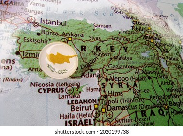 Drawing Pin Flag Of Cyprus On The Map