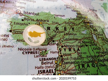 Drawing Pin Flag Of Cyprus On The Map