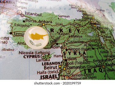 Drawing Pin Flag Of Cyprus On The Map