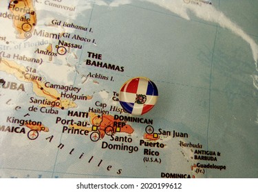 Drawing Pin Flag Of Dominican Republic On The Map