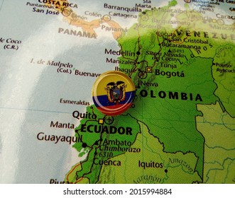 Drawing Pin Flag Of Ecuador On The Map