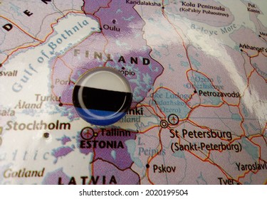 Drawing Pin Flag Of Estonia On The Map