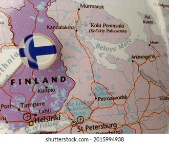 Drawing Pin Flag Of Finland On The Map