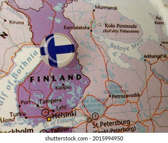 Drawing Pin Flag Of Finland On The Map