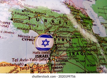 Drawing Pin Flag Of Israel On The Map