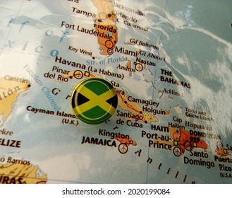 Drawing Pin Flag Of Jamaica On The Map