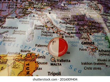 Drawing Pin Flag Of Malta On The Map