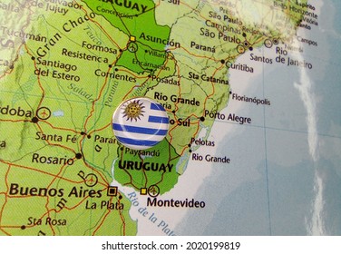 Drawing Pin Flag Of Uruguay On The Map