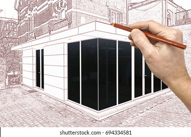 Drawing And Planned A New Modern Extension Of A House With Big Glasses Windows