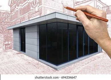 Drawing And Planned A New Modern Extension Of A House With Big Glasses Windows