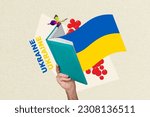 Drawing poster banner collage of people reading ukrainian folklore literature author kobzar book with blue yellow flag