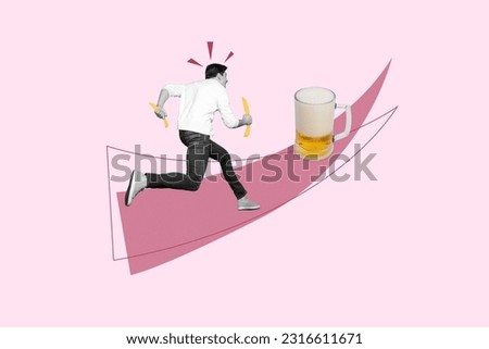 Drawing poster banner collage of young guy with yellow snack hurry fast for beer festival occasion