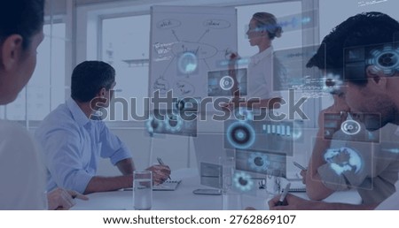 Drawing presenter gesturing to whiteboard with marker in conf room with AR UI wearing office attire. Holographic, conference, daylight, collaboration, meeting, diagrams, visualization