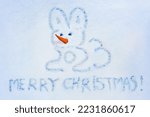 Drawing of a rabbit on a snowy surface with a carrot nose and the inscription Merry Christmas. Symbol of 2023 according to the Chinese calendar. Merry Christmas or New Year greeting card.