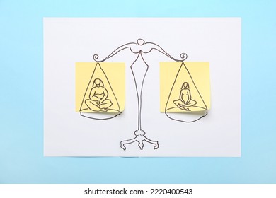 Drawing Of Scales With Two Types Of Body Figure On Color Background. Anorexia Concept