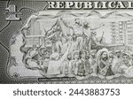 Drawing scene of Fidel Castro and his men entering Havana 1959 on  currency banknote (focus on center)