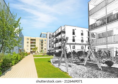 Drawing Sketch Of A Residential Area With Modern Apartment Buildings, New Green Urban Landscape In The City