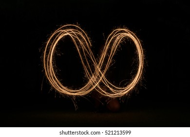 Drawing Symbol Infinity With Fire Sparklers Light At Night