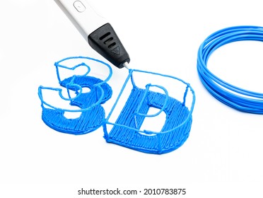 Drawing three-dimensional 3D creature by 3D pen and rolled blue filament