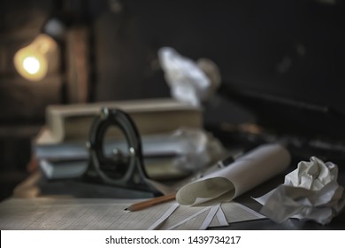 drawing tools, concept engineering project vintage / compass pencil paper education drafting - Shutterstock ID 1439734217