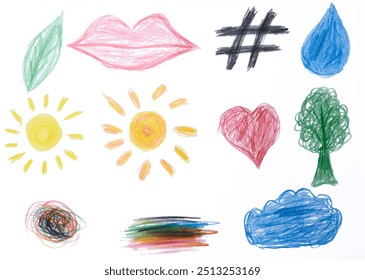 Drawing of various objects with colored pencils on a white background. Sun, cloud, tree, heart and hash tag