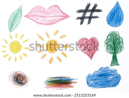 Drawing of various objects with colored pencils on a white background. Sun, cloud, tree, heart and hash tag