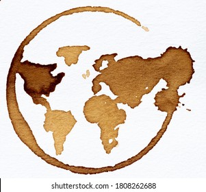 Drawing Of A World Map  Inside A Coffe Stain With White Background