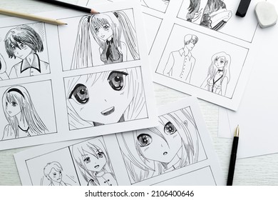 Drawings of anime characters on the desktop. Comic book storyboard. Manga style. - Shutterstock ID 2106400646