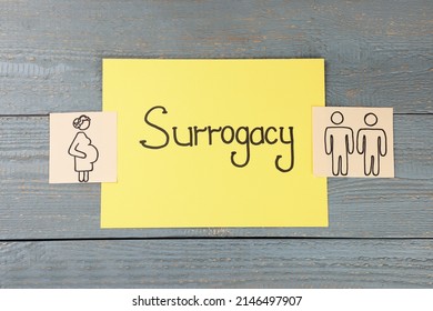 Drawings of pregnant woman and gay couple near paper with word Surrogacy on grey wooden table, flat lay