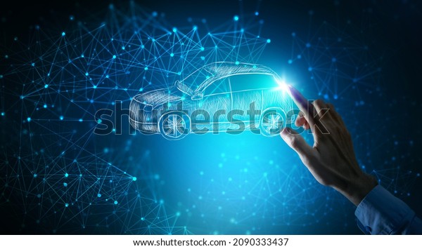drawn car. car
icon. man presses the
screen