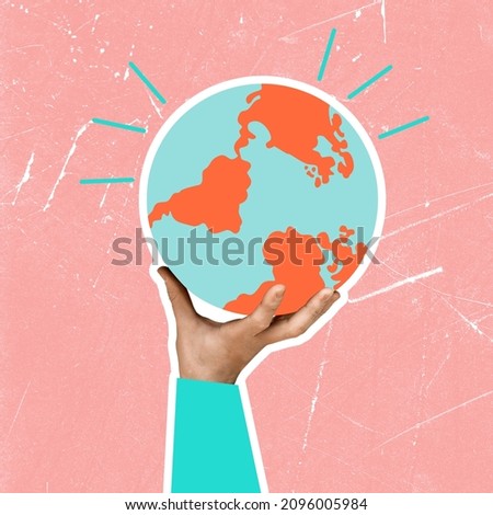 Drawn earth globe in human hand on pink baclground with grunge effect. Happy Earth Day. Theme of saving planet, human hands protect our earth. Contemporary art collage, artwork