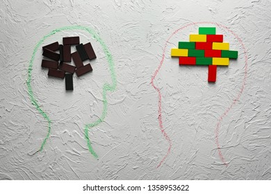 Drawn Human Heads With Different Blocks On White Background. Concept Of Rational And Irrational Thinking