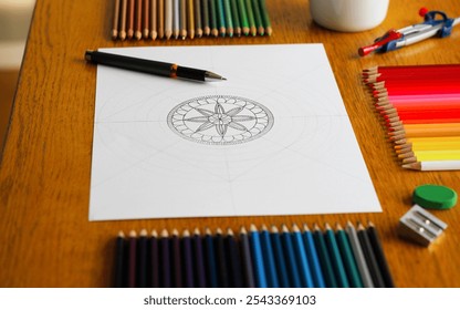 A drawn mandala pattern on white paper lying on a wooden table, drawing supplies and a cup of coffee nearby. The process of drawing a mandala. Mandala creative drawing for relaxation and stress relief - Powered by Shutterstock