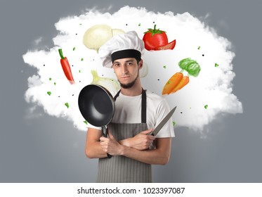 Drawn Vegetables On Cloud With Male Cook And Kitchen Tools
