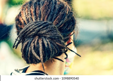 dreadlocks on the head of a young girl. Girl with the African pigtails. View from the back