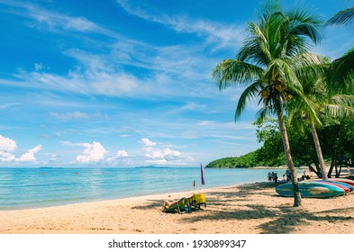 Dream beach with palm trees on the white sand, sun loungers, turquoise ocean and beautiful clouds in the sky.