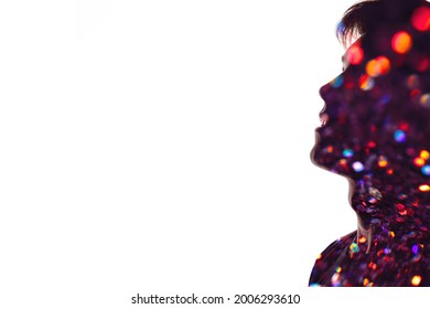 Dream Big. Inspired Man. Inner Peace. Mind Freedom. Double Exposure Portrait Of Thoughtful Guy Silhouette With Colorful Glitter Bokeh Isolated On White Copy Space Background.